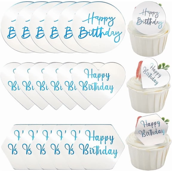 1 Box 21Pcs 3 Styles Heart Cake Topper Happy Birthday Cupcake Toppers Acrylic Plastic Non Edible Round Silver Baking Decorations