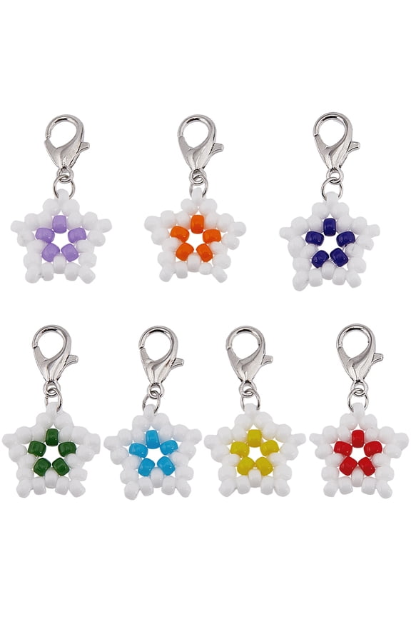 1 Box 21Pcs 7 Colors Star Glass Seed Beaded Locking Stitch Markers Zinc Alloy Crochet Lobster Clasp Charms Mixed Color 28~29mm 3pcs/style