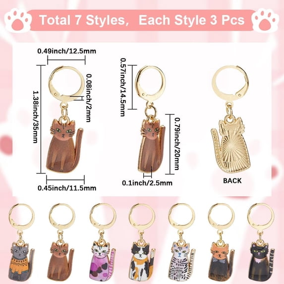1 Box 21Pcs Cat Stitch Markers Crochet Markers Animal Bulk Metal Enamel Printed Cats Kawaii Knit Gold Clasp Ring Knitting Charms for Jewelry Making Charms Crafts Supplies Accessories Women