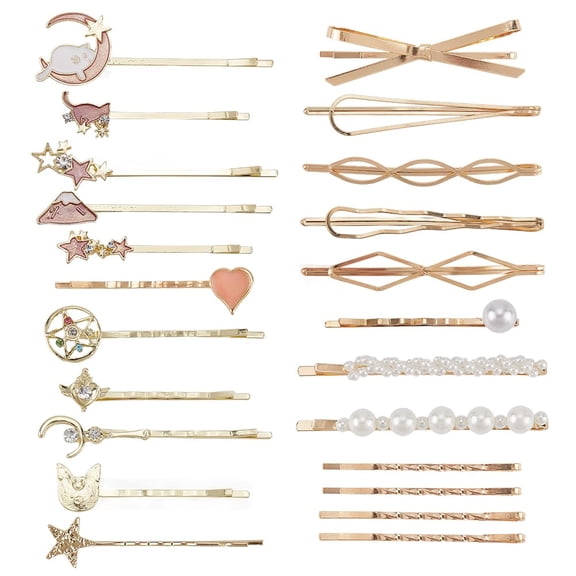 1 Box 21Pcs Cute Hair Clips Set Pink Cat Hair Accessories Star Moon Theme Barrettes Sweety Kitty Pearls Rhinestones Alloy Bobby Hairpins