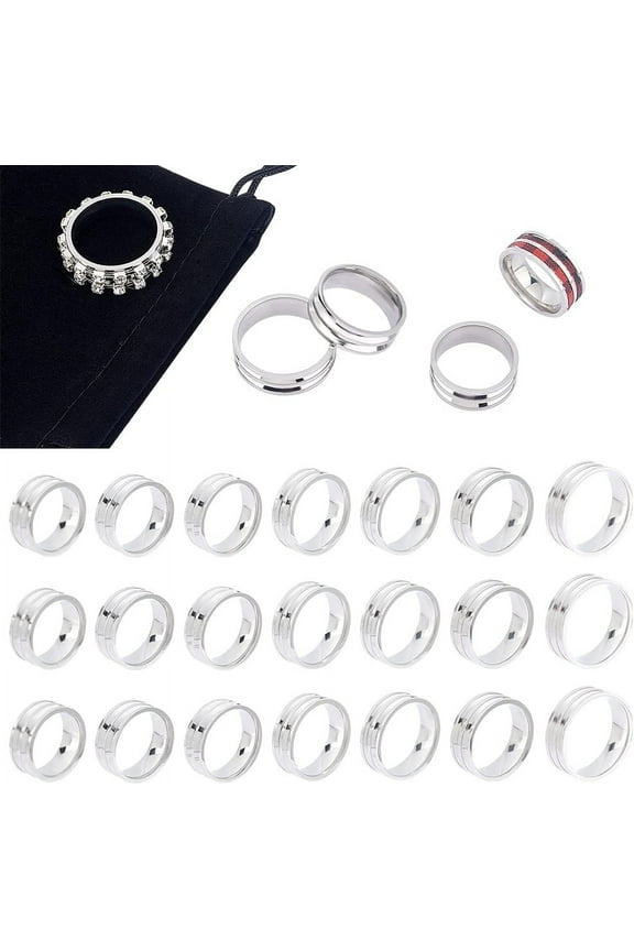1 Box 21pcs 7 Sizes Double Blank Core Finger Rings Stainless Steel Grooved Ring for Inlay Round Empty Ring Blanks with Velvet Pouches for Jewelry Making Gift for diy Stainless Steel Color