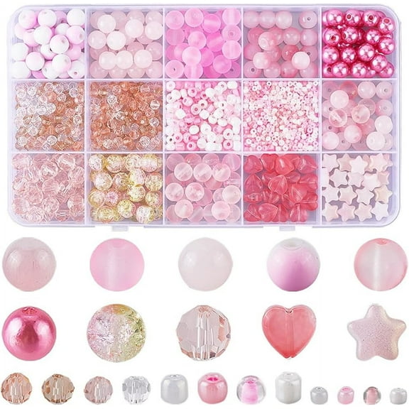 1 Box 22 Styles Pink Glass Beads Bulk Assorted Crystal Beads Valentine's Day Wedding Start Heart Transparent Frosted Seed Beads for Jewelry Making Necklace Bracelet Earring DIY Craft Supplies