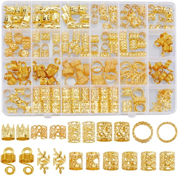 1 Box 220Pcs 11 Styles Gold Dreadlock Hair Accessories Metal Hair Clips Braids Jewelry Rings Cuffs Clips for Dreadlock Decoration Party Holiday Styling Tool DIY Necklace Bracelet Handicrafts Gold