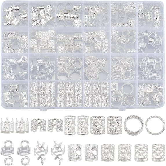 1 Box 220Pcs 11 Styles Silver Dreadlock Accessories Hair Braid Rings Locs Charms Metal Braids Cuffs Clips Hoops Party Holiday Styling Tool Loc Jewelry for Hair Dreadlocks Decoration Supplies 1set