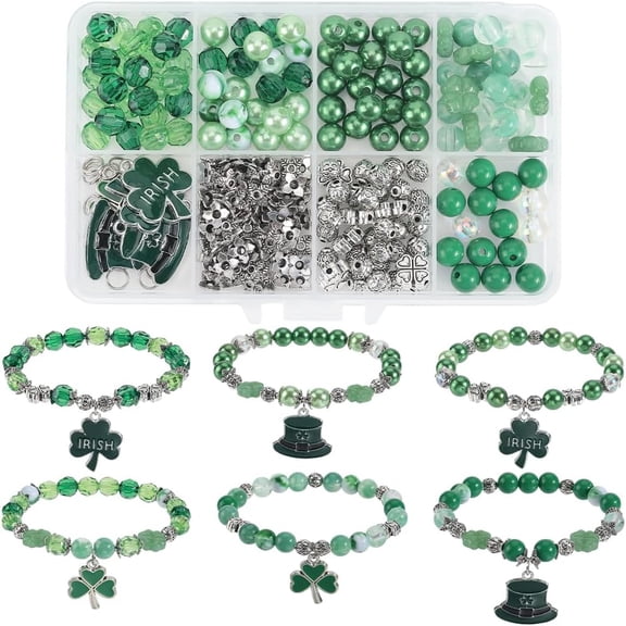1 Box 224Pcs DIY 6 Sets Green Bracelet Making Kit St. Patrick'S Day Charms Irish Shamrock Charm Lucky Clover Charms Acrylic Spacer Beads DIY