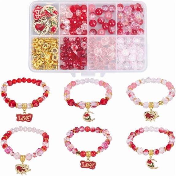 1 Box 224Pcs DIY 6 Sets Valentines Day Bracelet Making Kits Rose Charm Bulk Romantic Pink Glass Beads Red Heart Bead Love Charms for Jewelry Making Kits Adults Women Gifts Wedding Supplies Red