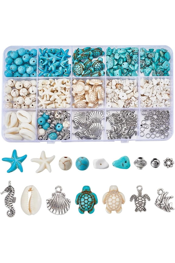 1 Box 224Pcs Ocean Bead Kit Summer Sea Turtle Beads Starfish Bead Fish Shell Seahorse Charms Sealife Charm Chip Stone Bead Lucky Turquoise Beads for Jewelry Making Kits Adults DIY Supplies for DIY