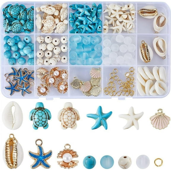 1 Box 224pcs Summer Bead Kit Sea Turtle Bead Starfish Bead Cowrie Shell Charms Lucky Turquoise Bead Hawaii Ocean Themed for Jewelry Making Kits Adults DIY Supplies Mixed Color