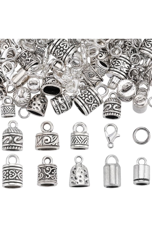 1 Box 230Pcs Cord End Caps Tibetan Silver Leather Kumihimo Bracelets Supplies Glue in Crimp Ends Tube Barrel End Tip Lobster Clasps Jump Rings Cord Terminator