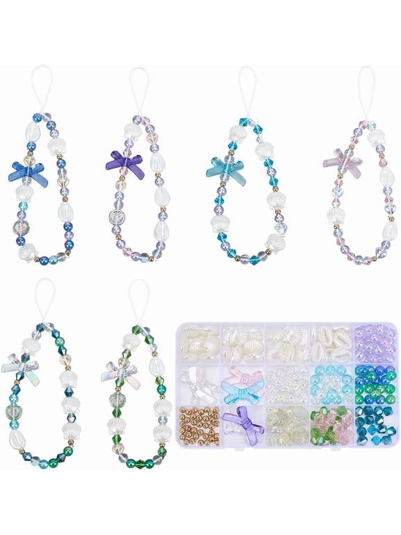 1 Box 231Pcs DIY 6 Sets Phone Charms Kit Sea Shell Phone Strap Bowknot Bead Seashell Beads Hawaii Summer Ocean Cellphone Charm for Women Adults DIY Keychains Bag Camera Hanging Decor Colorful DIY