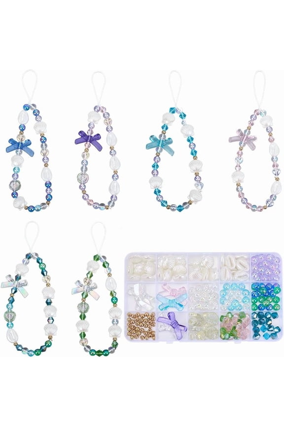 1 Box 231Pcs DIY 6 Sets Phone Charms Kit Sea Shell Phone Strap Bowknot Bead Seashell Beads Hawaii Summer Ocean Cellphone Charm