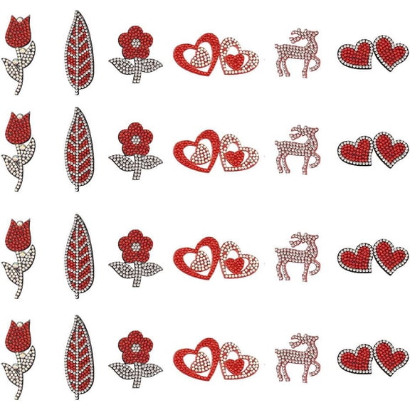 1 Box 24 PCS Valentine's Day Theme Appliques Sew On Rhinestone Patches Red Series Theme Patches Flower/Deer/Leaf/Heart Shape Patches for DIY Costume Accessories Sewing Craft Decor