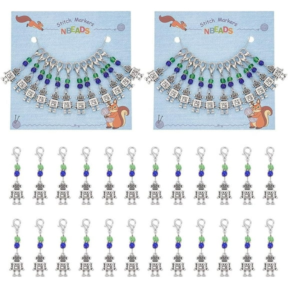 1 Box 24 Pcs Robot Stitch Markers Glass Beads Alloy Crochet Stitch Marker Charms Removable Lobster Clasp Locking Stitch Marker for Knitting Weaving Sewing Jewelry Making