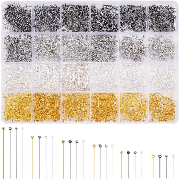 1 Box 2400Pcs 14/16/20/22/25/30mm Gold Ball Pins Brass Head Pins Colorful Round Ball Beading Long Headpins Needles Findings Accessories for Jewelry Making Earrings Charm Bracelets DIY Crafts