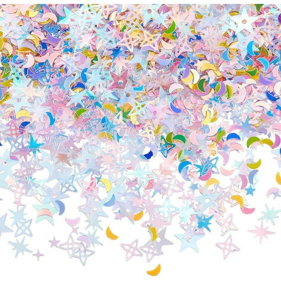 1 Box 2400Pcs+40G Star Confetti Moon Glitter Plastic PVC Iridescent Metallic Foil Tables Paper Sequins Scatters Art Glitters for Halloween Birthday Wedding Festival Partys