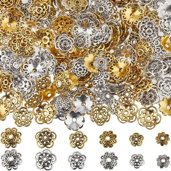 1 Box 240Pcs 12 Styles Filigree Flower Bead Caps Large Flower Spacers Bulk Gold Silver Tibetan Alloy Flat Bead End Caps Findings for Jewelry Making Supplies Bracelet Necklace Earrings