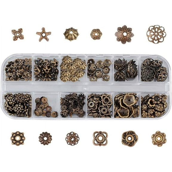 1 Box 240Pcs 12 Styles Spacer Beads Caps Bulk Vintage Style Antique Bronze Flower Bead Caps Alloy Metal Loose Spacer Flower Bead Cap for Jewelry Making End Caps Beads Assortment Fixed Mixed