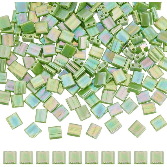 1 Box 240Pcs 2 Hole Beads 5x5mm Beads Bulk Full Size Rectangle Square Beads Japanese Seed Bead Grass Green Two Hole Beads Loose Spacer Beads for Jewelry Making Kits DIY Supplies for DIY