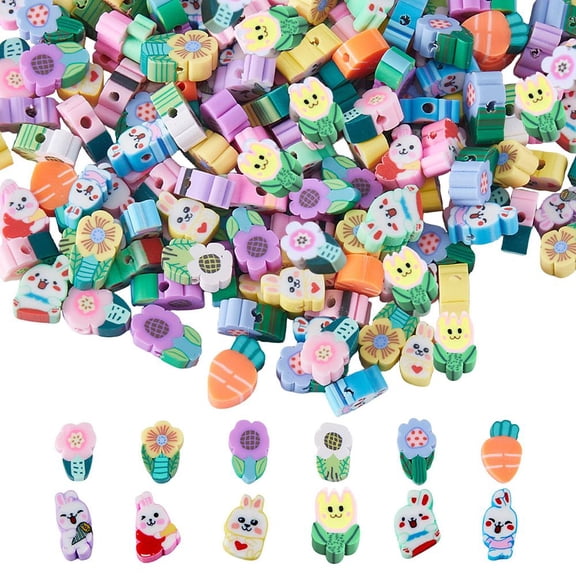 1 Box 240Pcs 8 Style Cartoon Handmade Polymer Clay Beads Rabbit/Carrot/Sunflower Mixed Color 9~12x4.5~9x4.5~5.5mm Hole: 1.4~2mm 20pcs/style