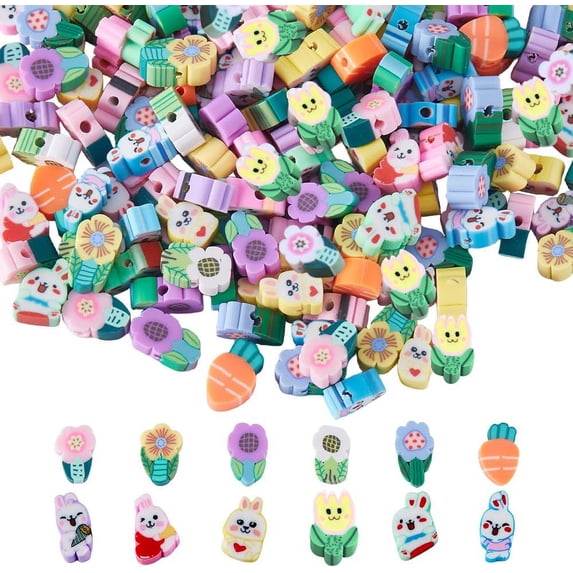 1 Box 240Pcs Easter Beads Easter Bunny Beads Carrot Bead Polymer Clay Beads Spring Easter Bead Cartoon Animal Beads Spacer Loose Beads for Jewelry Making DIY Bracelets Necklaces Supplies 1box