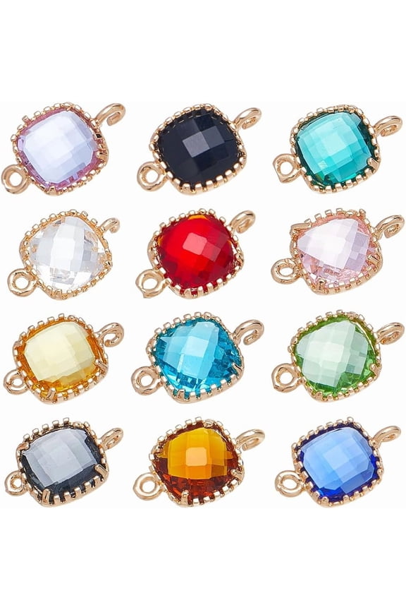 1 Box 24Pcs 12 Colors Glass Connector Charms Gold Charm Bulk Square Cubic Golden Plated Brass Loops Birthstone Linking Charms for Jewelry Making Charms Earrings Bracelets DIY Crafts colorful DIY