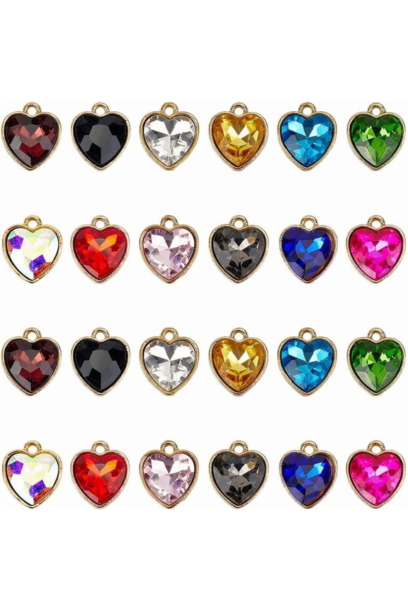 1 Box 24Pcs 12 Colors Glass Heart Charm Valentines Hearts Charms Bulk Small Drop Faceted Birthstone Love Pendants for Jewelry Making Accessories Earrings Necklaces DIY Crafts Women Colorful DIY