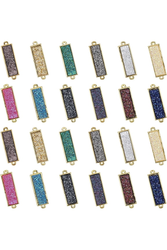 1 Box 24Pcs 12 Colors Resin Druzy Charms Rectangle Links Connectors Glitter Double Loops Golden Plated Flatback Quartz Gemstone Pendants for Bracelet Jewelry Making Findings Supplies diy