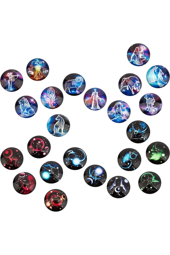 1 Box 24Pcs 12 Constellation Glass Cabochons Flatback Charms Half Round Zodiac Sign Pattern Astrology Horoscope Dome Gems DIY