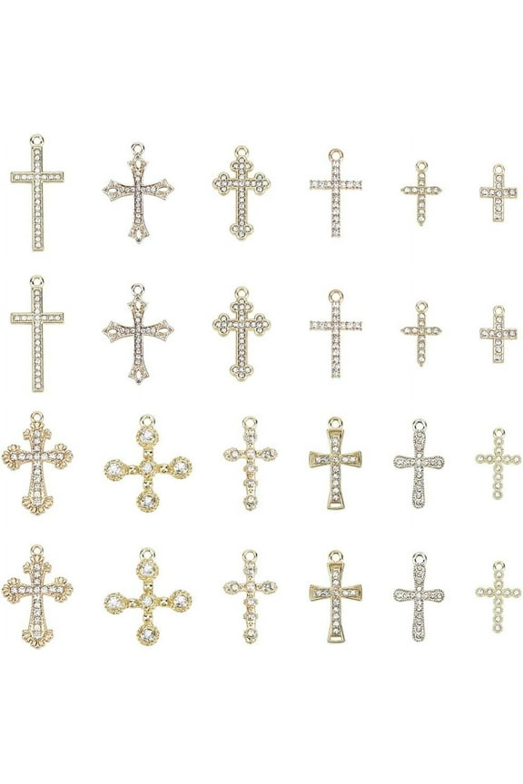 1 Box 24Pcs 12 Styles Alloy Cross Charms Crucifix Charms Bulk Gold Rhinestone Small Metal Easter Holiday Charm for Jewelry Making Charms Supplies Mixed Color DIY