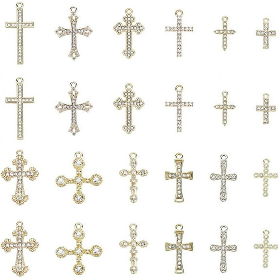 1 Box 24Pcs 12 Styles Alloy Cross Charms Crucifix Charms Bulk Gold Rhinestone Small Metal Easter Holiday Charm for Jewelry Making Charms Supplies Mixed Color DIY