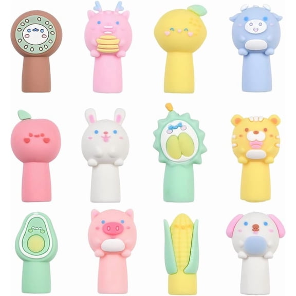 1 Box 24Pcs 12 Styles Animal Pencil Toppers Cute Pencil Toppers Silicone Soft Aossorted Cartoon Fruits Shaped Decor Pen Top Caps