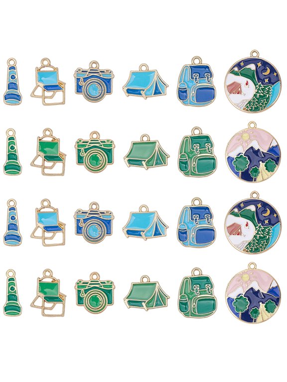 1 Box 24Pcs 12 Styles Camping Themed Charms Travel Enamel Charms Bulk Gold Metal Alloy Outdoor Landscape Camera Bag Tent Chair Flashlight Pendants
