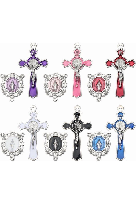 1 Box 24Pcs 12 Styles Colorful Charms Crucifix Charm Bulk Alloy Oval Enamel Faith Easter Rosary Pendants