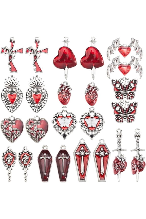 1 Box 24Pcs 12 Styles Gothic Charms Red Goth Charms Heart Organ Wing Coffin Skulls Butterfly Moth Halloween Charms for Jewelry Making Charms DIY Bracelet Earrings Party Decoration Beginners