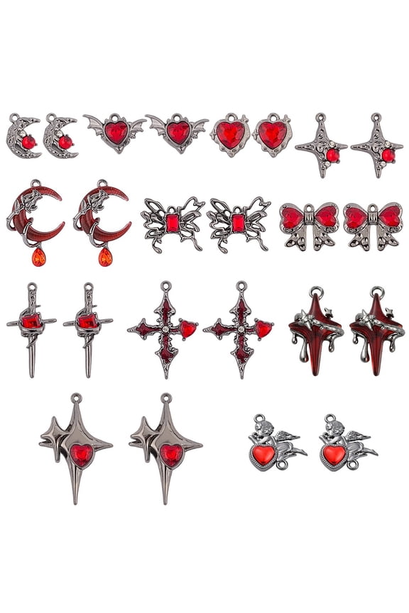 1 Box 24Pcs 12 Styles Gothic Heart Charms Red Goth Charms Alloy Rhinestone Retro Star Rose Dangle Pendants Findings