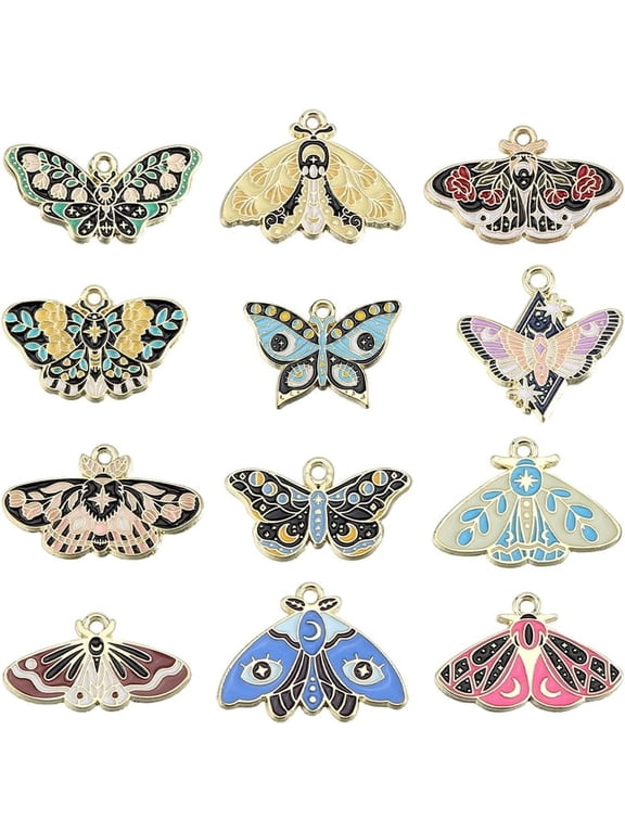 1 Box 24Pcs 12 Styles Moths Charms Enamel Butterfly Charms Bulk Alloy Black Goth Gothic Insect butterflies Luna Moth Charm for Jewelry Making Charms Diy Necklace Bracelet Earring diy