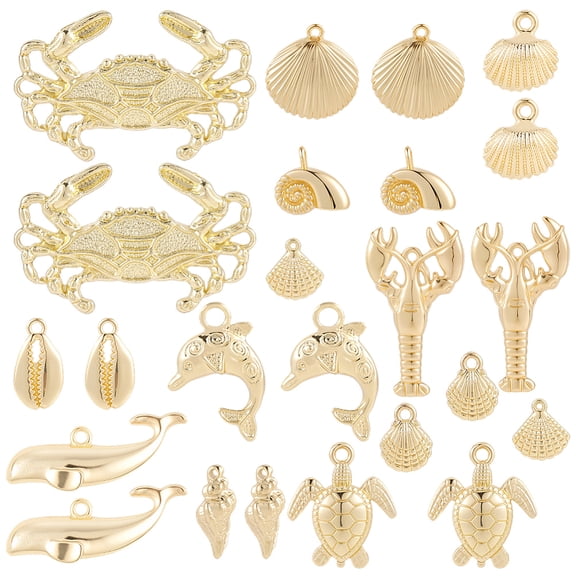 1 Box 24Pcs 12 Styles Real 14K Gold Plated Alloy Ocean Charm Sea Animal Charms Conch Sea Turtle Shell Lobster Fish Dolphin Marine Pendants