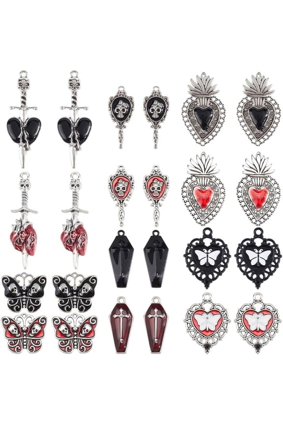1 Box 24Pcs 12 Styles Red Gothic Charms Black Goth Charms Alloy Mirror Moth Heart Butterfly Animal Charm for Jewelry Making Charms DIY Bracelet Necklace Earrings Beginners for diy