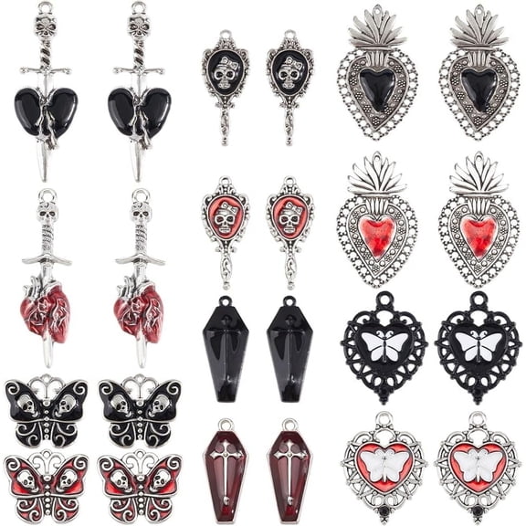 1 Box 24Pcs 12 Styles Red Gothic Charms Black Goth Charms Alloy Mirror Moth Heart Butterfly Animal Charm