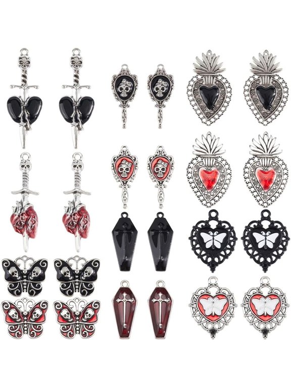 1 Box 24Pcs 12 Styles Red Gothic Charms Black Goth Charms Alloy Mirror Moth Heart Butterfly Animal Charm