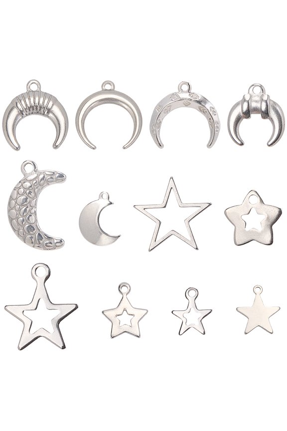 1 Box 24Pcs 12 Styles Silver Moon Charm Pentagram Charms Stainless Steel Metal Hollow Cattle Horn Sky Celestial Pendants for Jewelry Making