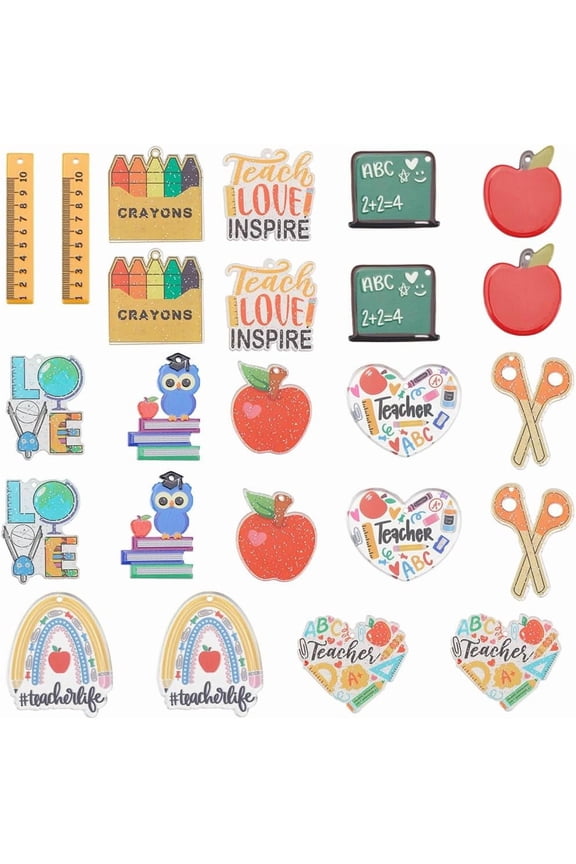 1 Box 24Pcs 12 Styles Teacher Charms School Book Charm Colorful Acrylic Student Class Graduation Black Board Ruler Pendant Charm for DIY Jewelry Making Charms Teachers's Day Graduation Season