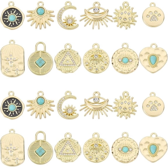 1 Box 24Pcs 12 Styles Turquoise Charms Gold Rhinestone Charms Alloy Plates Eye Sun Moon Round Stone Pendants