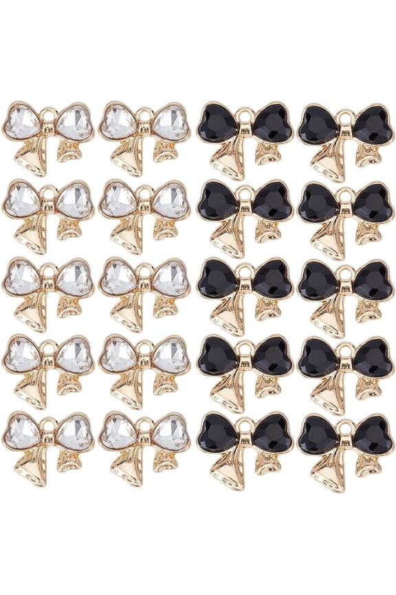 1 Box 24Pcs 2 Colors Tie Charms Bowknot Charm Metal Alloy Zirconia Clear Gold Black and White Bows Charm for Jewelry Making Charms DIY Keychain