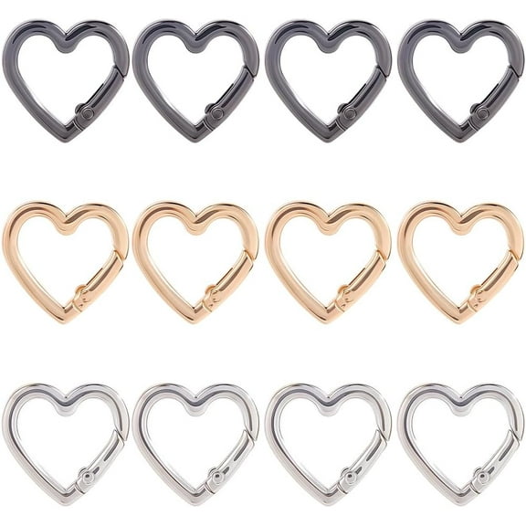 1 Box 24Pcs 3 Colors Heart Connector Rings Spring Gate Ring Clasp Gold Silver Black Metal Alloy Love Hearts Shaped Closures Carabiner Snap O Clasps for Jewelry Making DIY Crafts Accessories Colorful