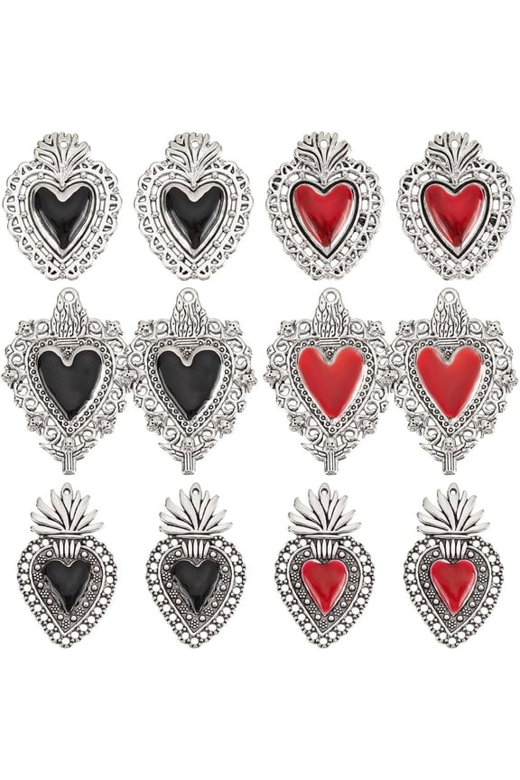 1 Box 24Pcs 3 Styles Gothic Hearts Charm Bulk Sacred Heart Charms Enamel Silver Antique Love Charms
