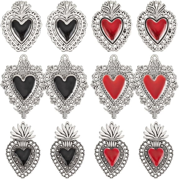 1 Box 24Pcs 3 Styles Gothic Hearts Charm Bulk Sacred Heart Charms Enamel Silver Antique Love Charms