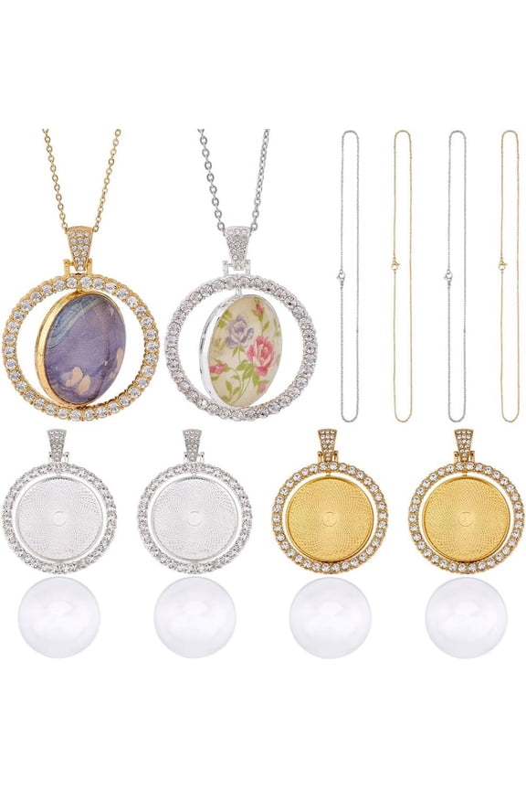 1 Box 24Pcs 30mm Round Pendant Trays Rhinestone Bezel Pendant Trays Cabochon Pendant Setting Double Sided Blank Rotatable with Stainless Steel Chains for Jewelry Making Supplies DIY Necklaces DIY