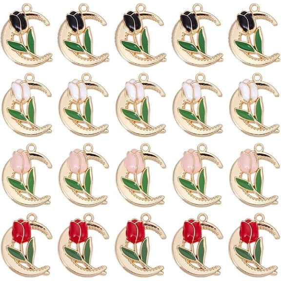 1 Box 24Pcs 4 Colors Gold Moon Charms Enamel Rose Charms Bulk Large Golden Moons Roses Shaped Romantic Flower Charms for Jewelry Making Charms Diy Bracelets Necklaces Earrings Findings Women