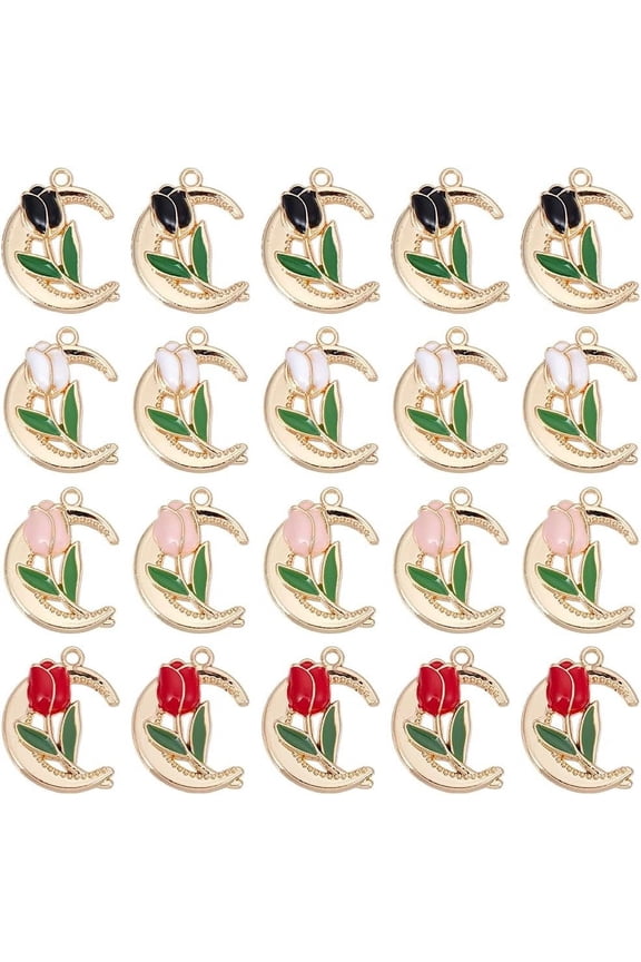 1 Box 24Pcs 4 Colors Gold Moon Charms Enamel Rose Charms Bulk Large Golden Moons Roses Shaped Romantic Flower Charms
